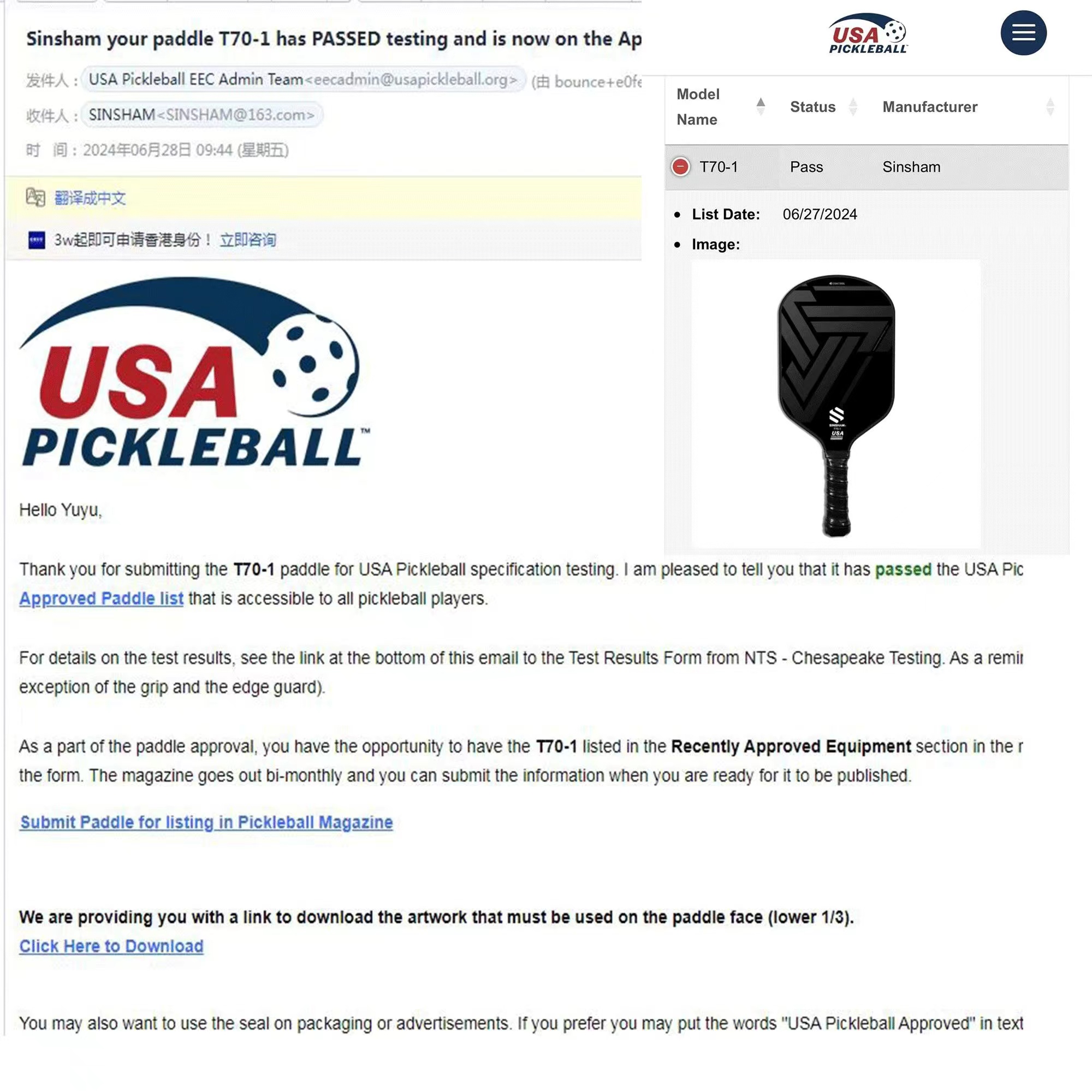 USAPA Certified Original SINSHAM T70-1 Pickleball Paddle T700 Carbon ...