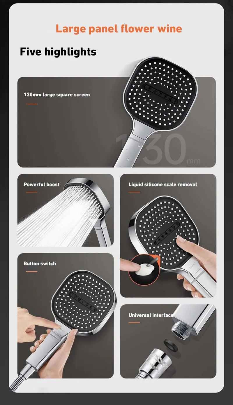 13CM Large Panel Nozzle 3 Modes Shower Head High Pressure Water Massage ...