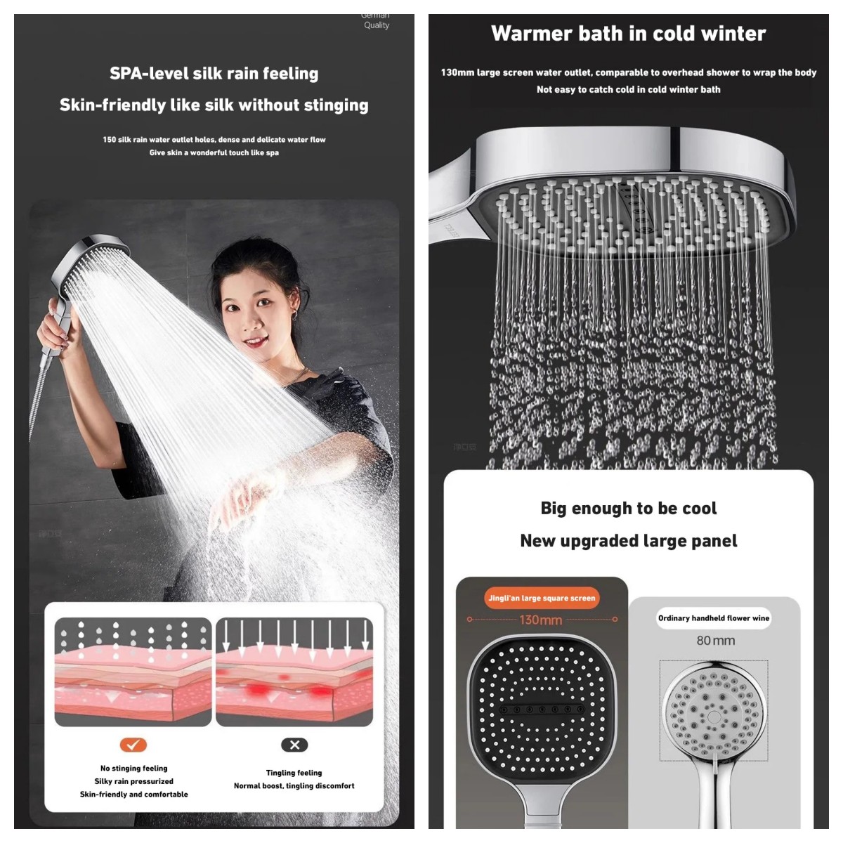 13CM Large Panel Nozzle 3 Modes Shower Head High Pressure Water Massage ...