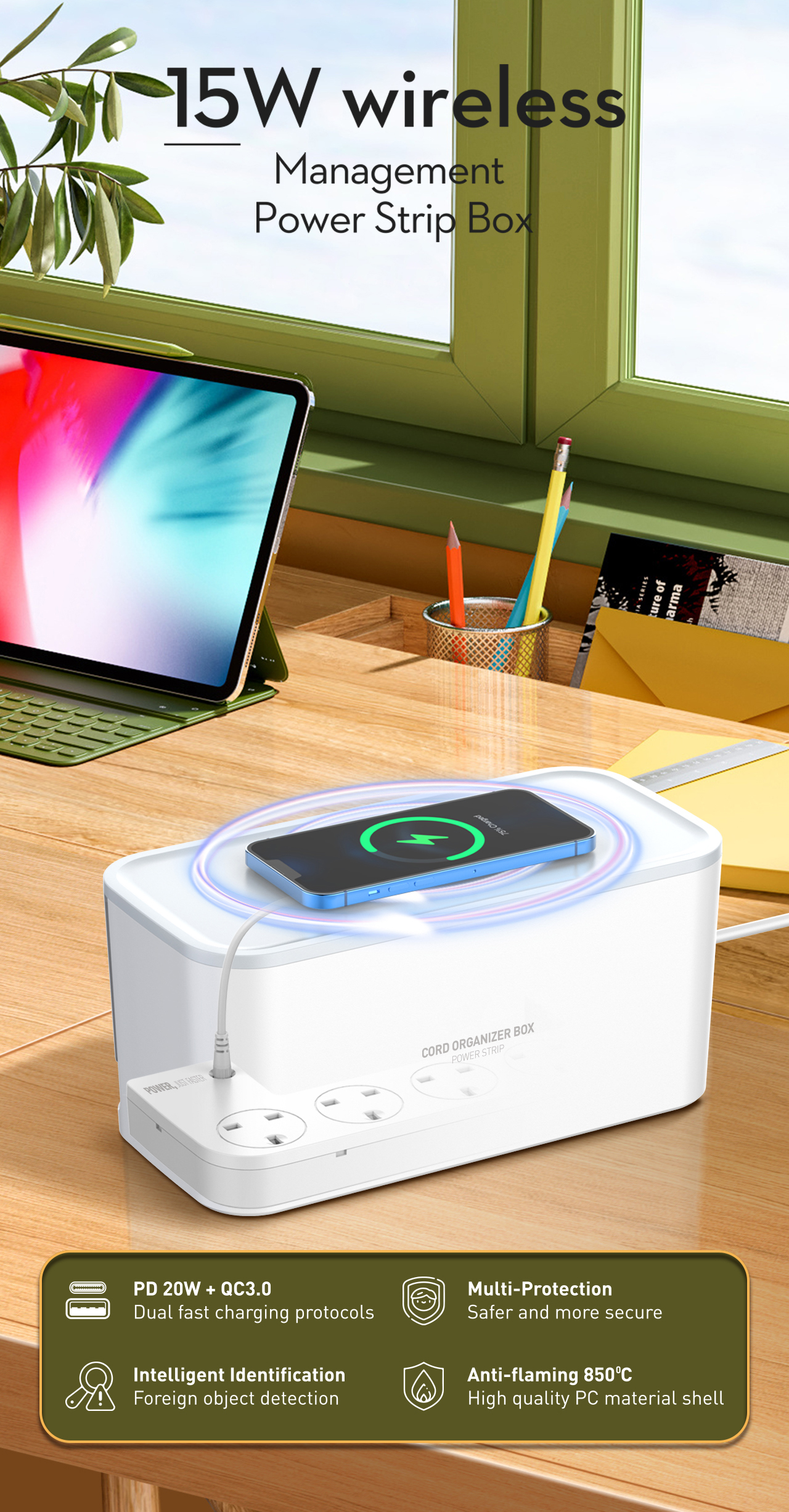 USB Power Strip with Cable Management Box Hide Loose Wires Behind TVs ...