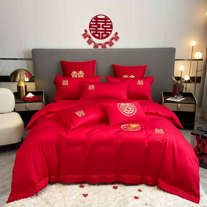 4 IN 1 Red Wedding Chinese Style Hollow Out Bedsheet Set Washed Cotton