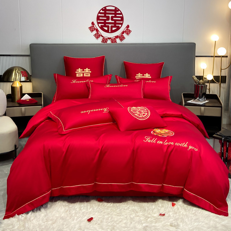 4 IN 1 Red Wedding Chinese Style Hollow Out Bedsheet Set Washed Cotton