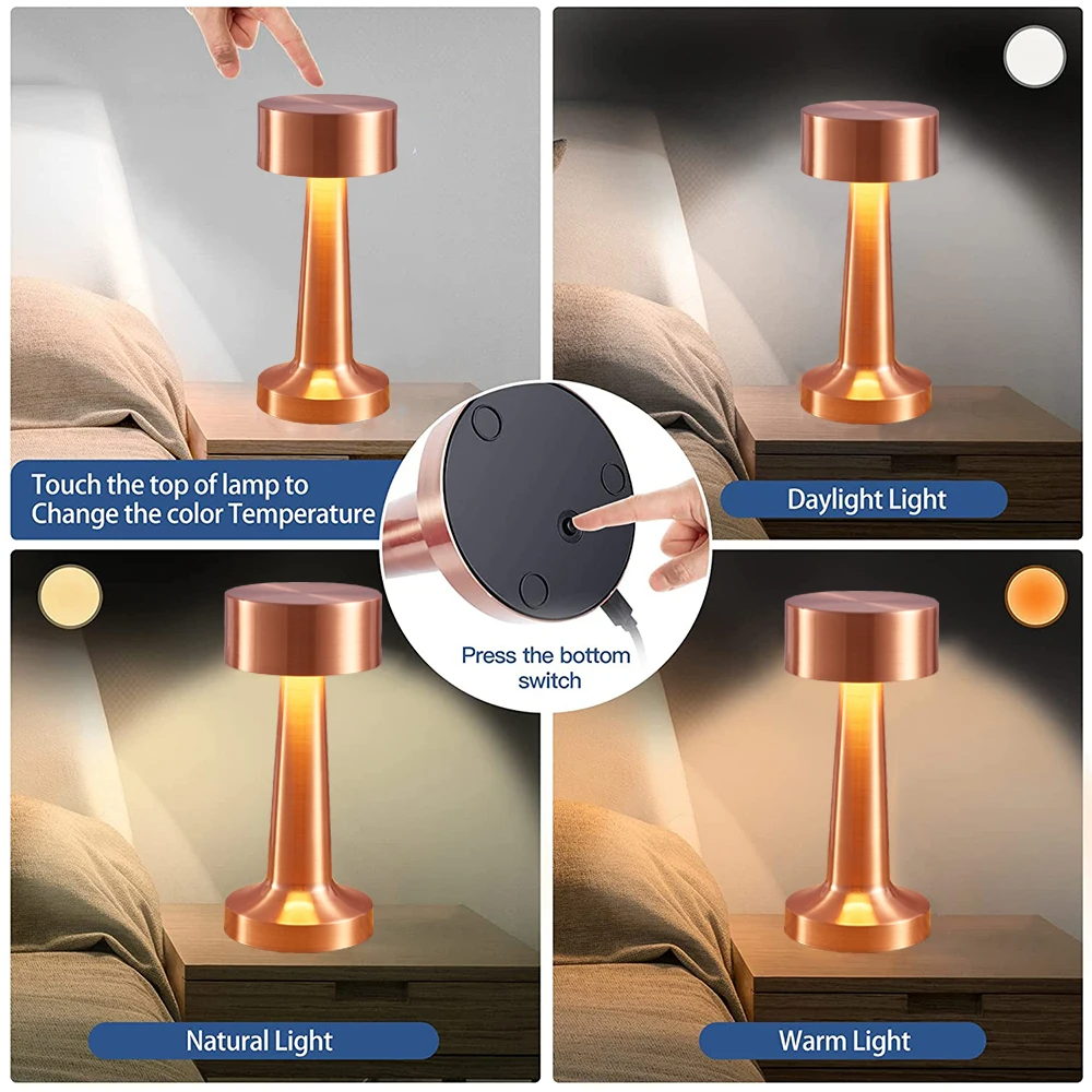 Rechargeable Table Lamp Touch Sensor Desktop LED Night Light Wireless ...