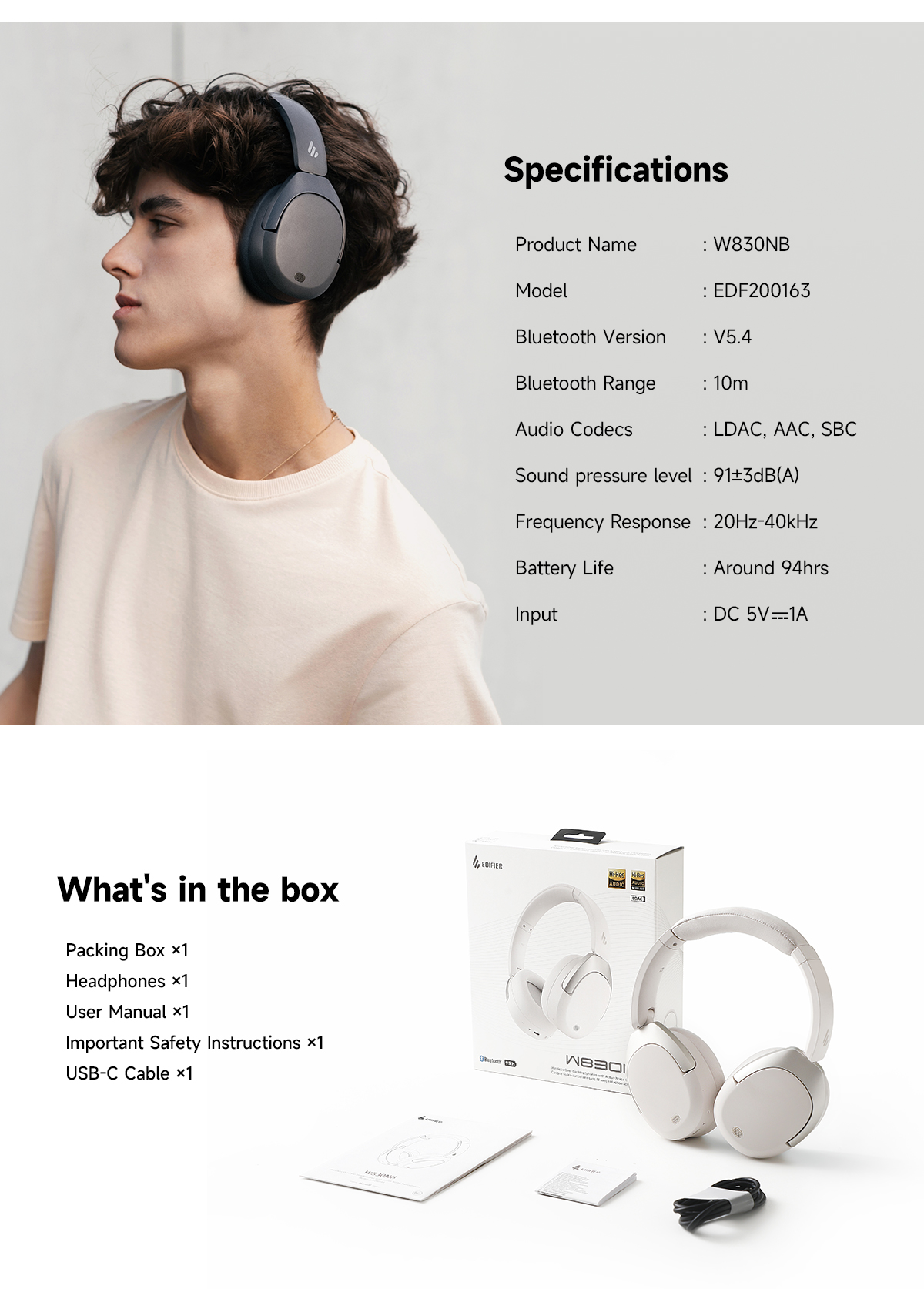 Cuffie Wireless Edifier W830NB - ANC -45dB, Batteria 94h, Hi-Res, Nero - Foto 4