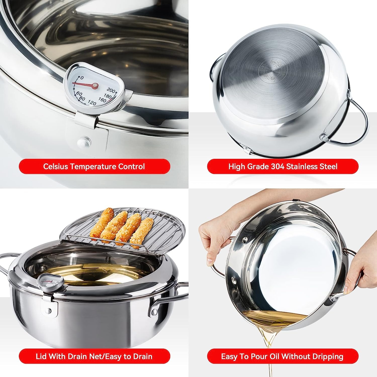 4.2L Deep Fryer Pot Janpanese Style Tempura Frying Pot 304 Stainless