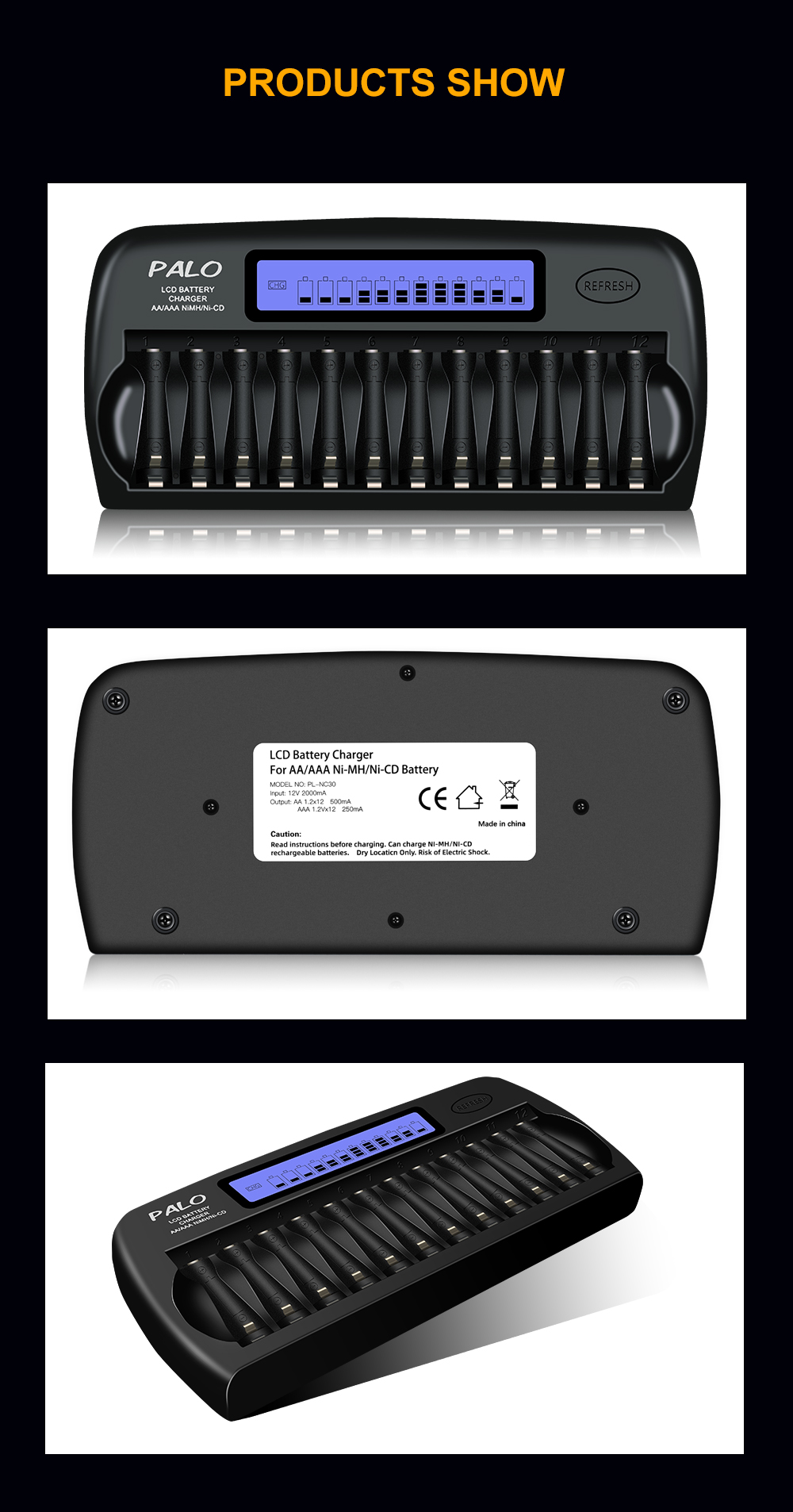 PALO 12 Slot Charger Smart LCD Display Battery Charger 1.2V AA AAA Ni