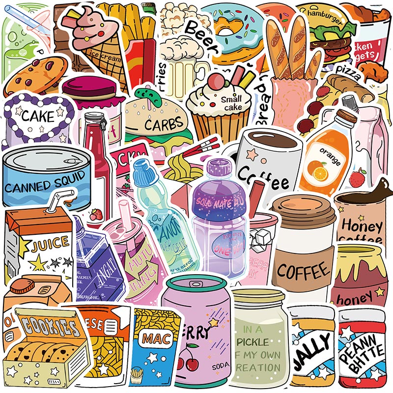 50pcs Cartoon Food Drinks Snack Stickers Cute Diary Notebook Fridge ...