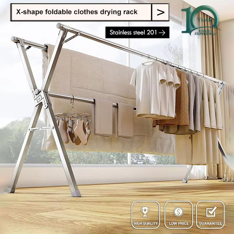 SG Floor standing clothes drying rack Stainless steel floor folding X shaped balcony hanger indoor and outdoor Clothes drying rod Shopee Singapore