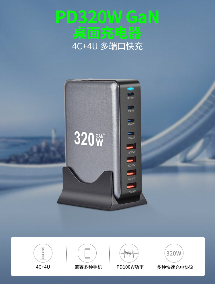 320W GaN Charger Desktop Charger 4A4C Gallium Nitride Charger 8-port ...