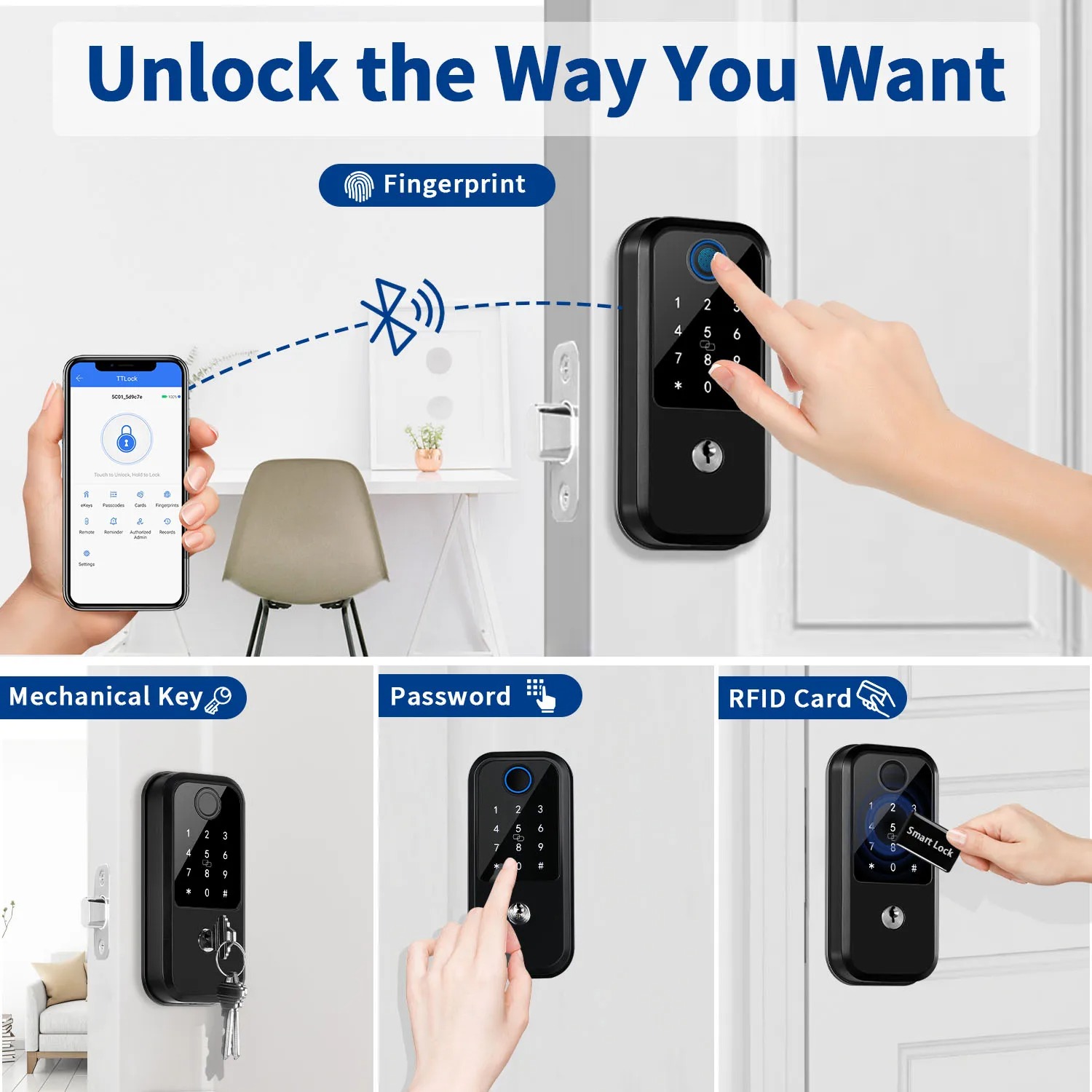 5 in 1 Smart Lock for Front Door Biometric Deadbolt Lock Electronic ...