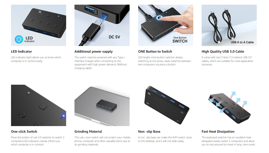 ACASIS USB 3.0 KVM Switch, 2 Computers 4-Port USB Peripheral Switcher ...