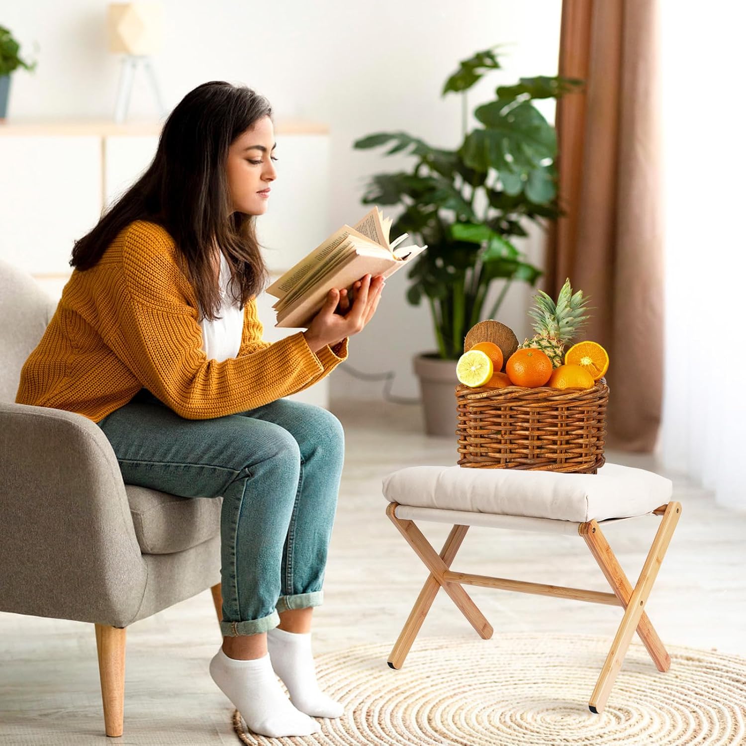 Wooden Foot Stool, Rectangular Sofa Footrest Soft Seat Pouf Ottoman for ...