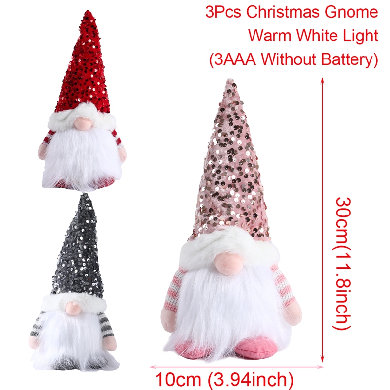 3pcs Christmas Light Glitter Sequins Hat Soft White Beard Gnomes Light