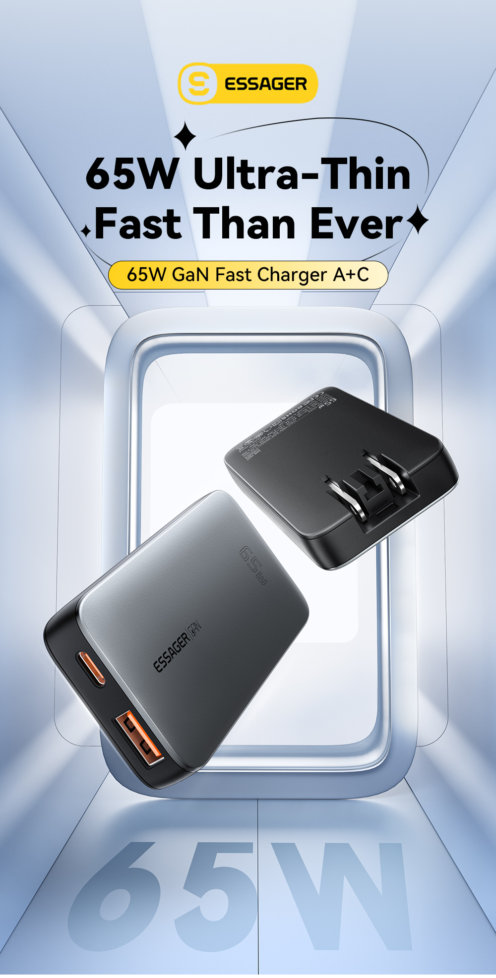 ESSAGER 65W GaN Ultra-thin card-type fast charging charger USB+Type-C ...