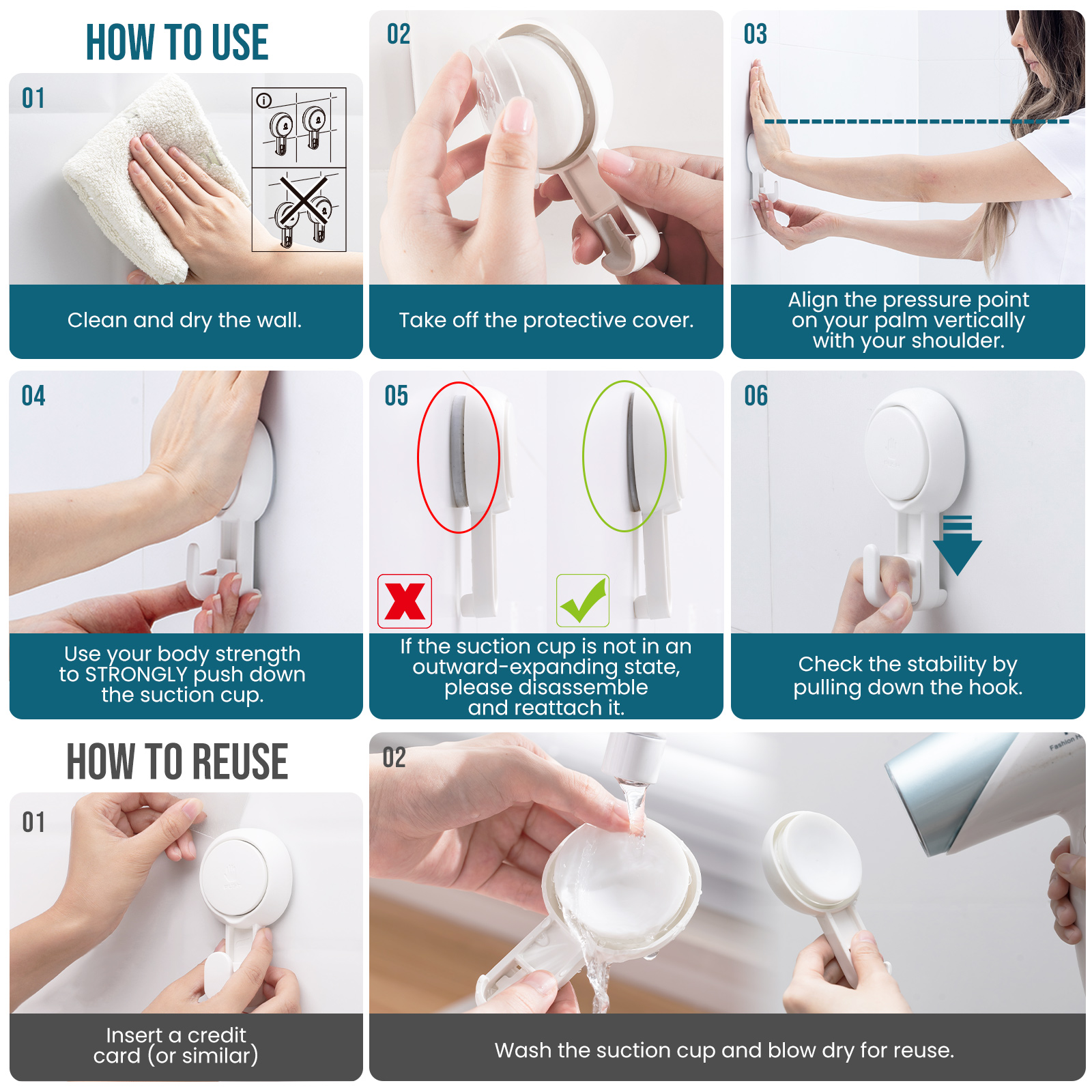 TAILI 4PCS Suction Cup Hooks Heavy Duty Towel Hanger Easy to Install ...