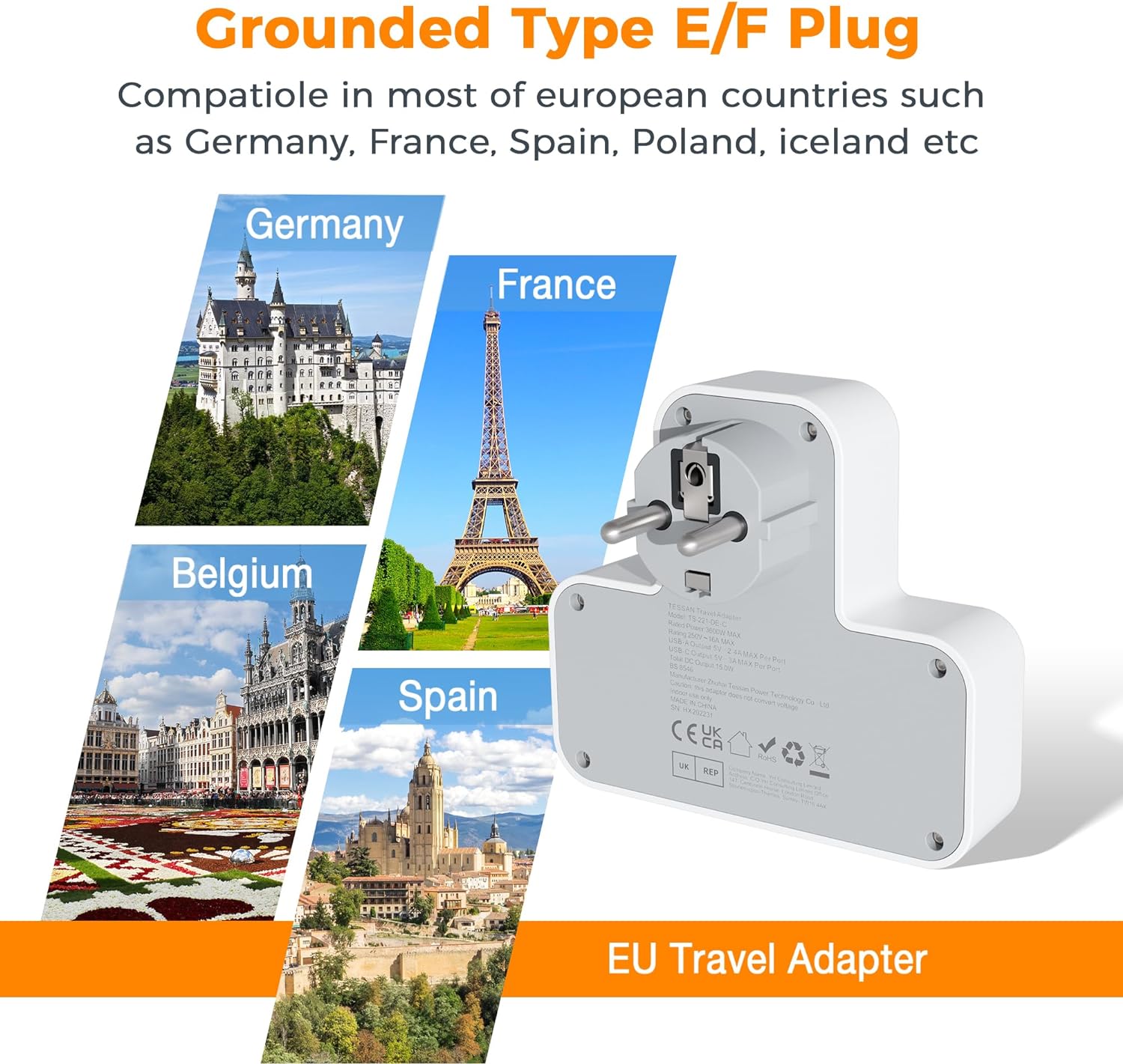 TESSAN Korea Travel Adapter with USB+Type C,SG to Europe Indonesia