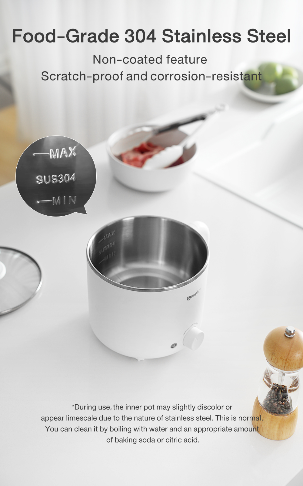 Simplus Electric Cooking Pot 1.7L Mini Multi-function 2 Adjustable ...