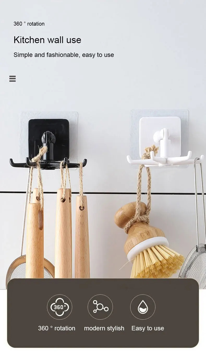 One piece kitchen rotating wall-mounted shelf with 6 rotating hooks ...