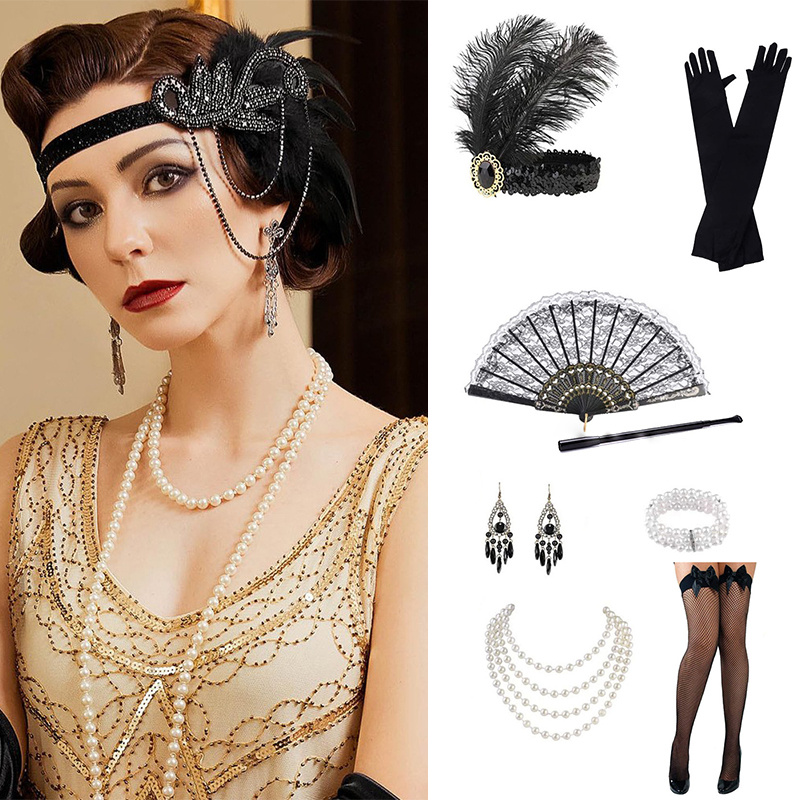 nEW 1 Set 1920's Flapper Cosplay Costume Feather Headband Pearl ...