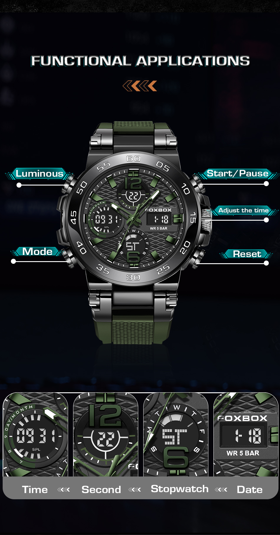 FOXBOX Digital Sport Watch For Men Outdoors Sport Swimming Waterproof ...