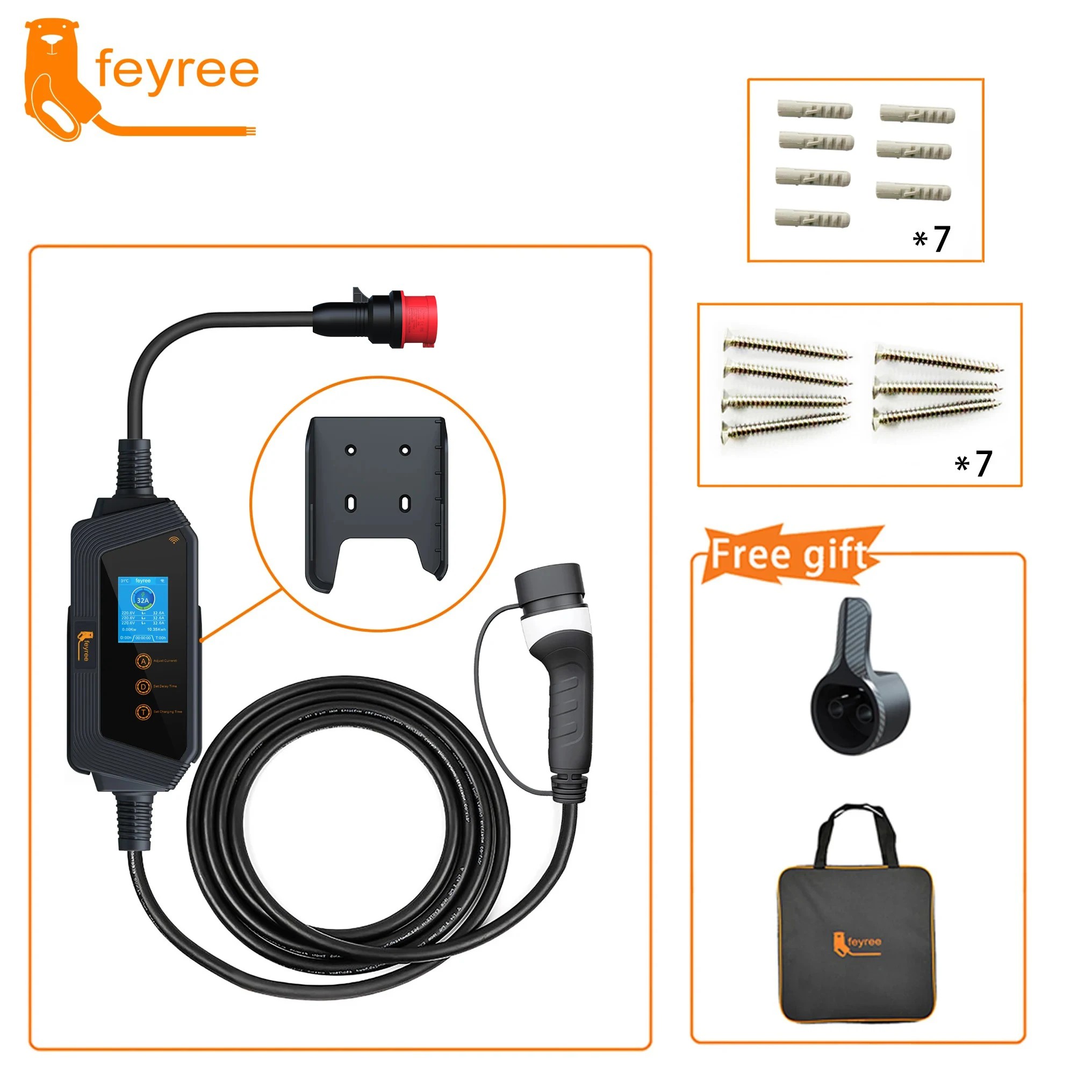 feyree 22KW 32A 3Phase Type2 Portable EV Charger Wi-Fi APP Control EVSE ...