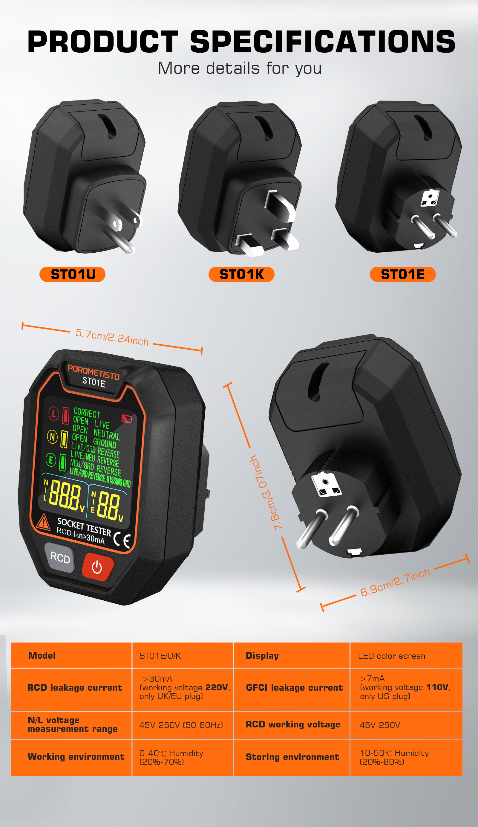 POROMETISTO ST01 Digital Socket Tester Pro Voltage Test RCD/GFCI Socket ...