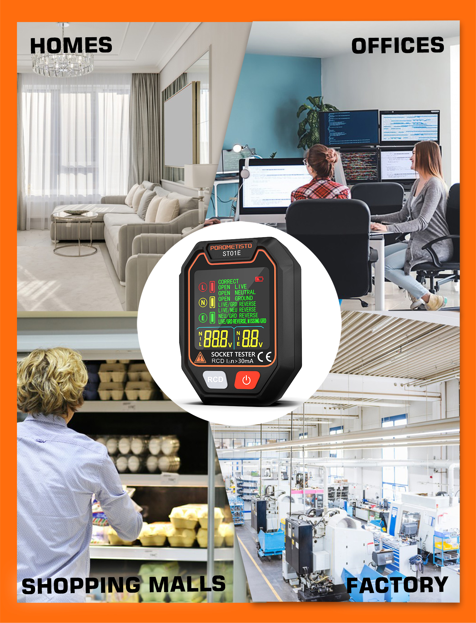 POROMETISTO ST01 Digital Socket Tester Pro Voltage Test RCD/GFCI Socket ...
