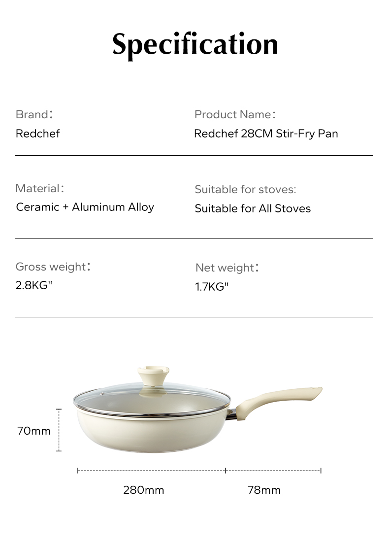 Redchef Nonstick Ceramic 28cm Deep Stir-Fry Pan Wok with lid No PFAS ...