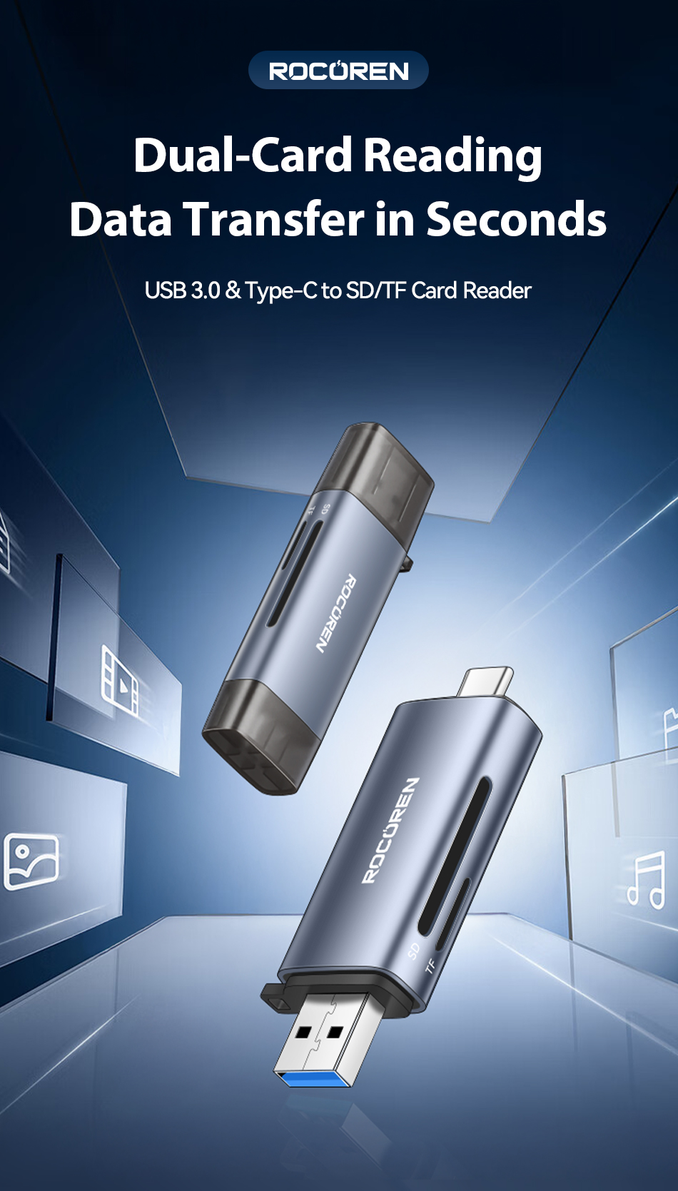 Rocoren Fast Card Reader 2 in 1 SD TF OTG Type-C& USB 3.0 Smart Memory ...