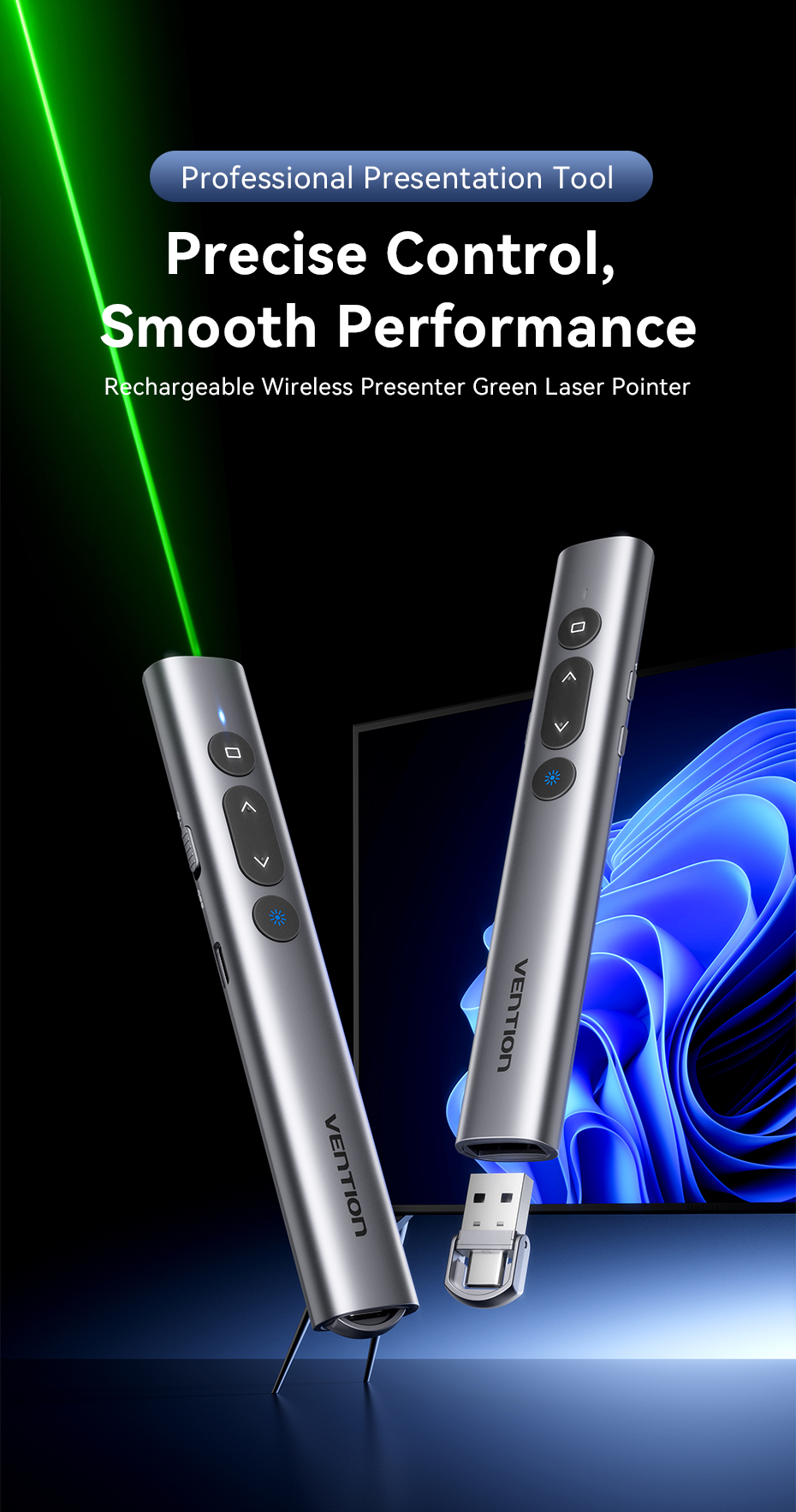Vention Wireless Presentation Remote Clicker Green / Red Light Laser ...