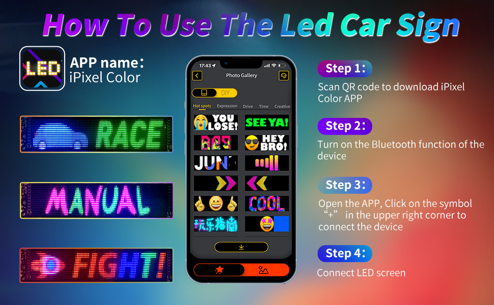 LED Matrix Pixel LED Car Display Panel Bluetooth APP USB 5V Flexible ...