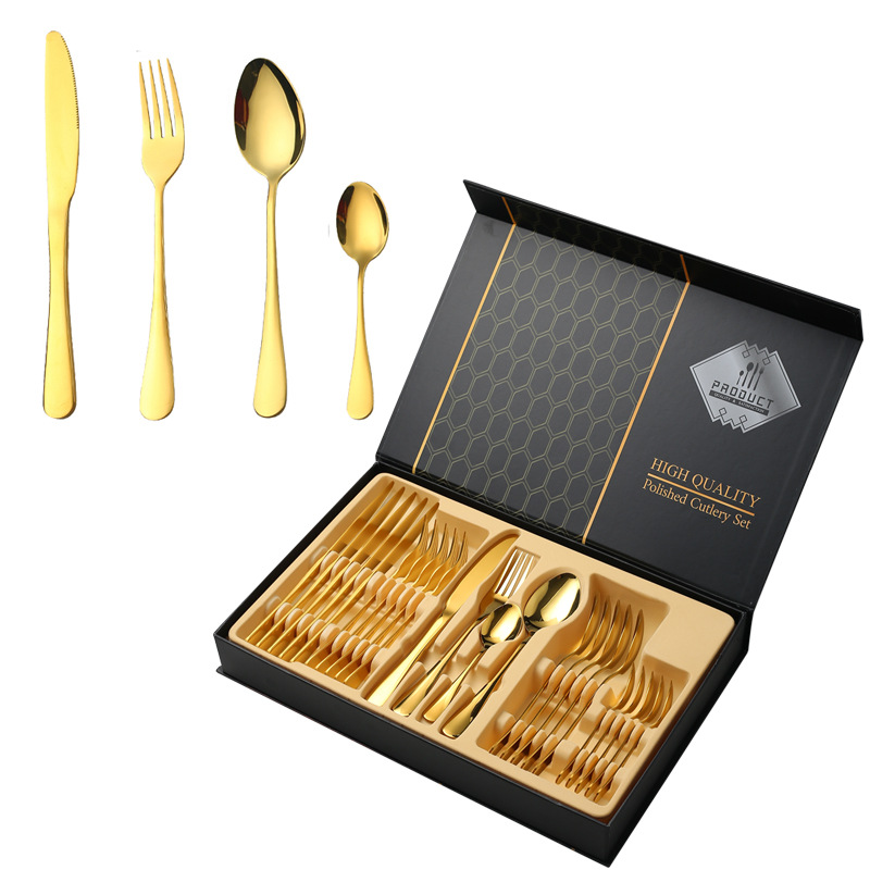 24-piece gift box stainless steel spoon and fork set gold cutlery set ...