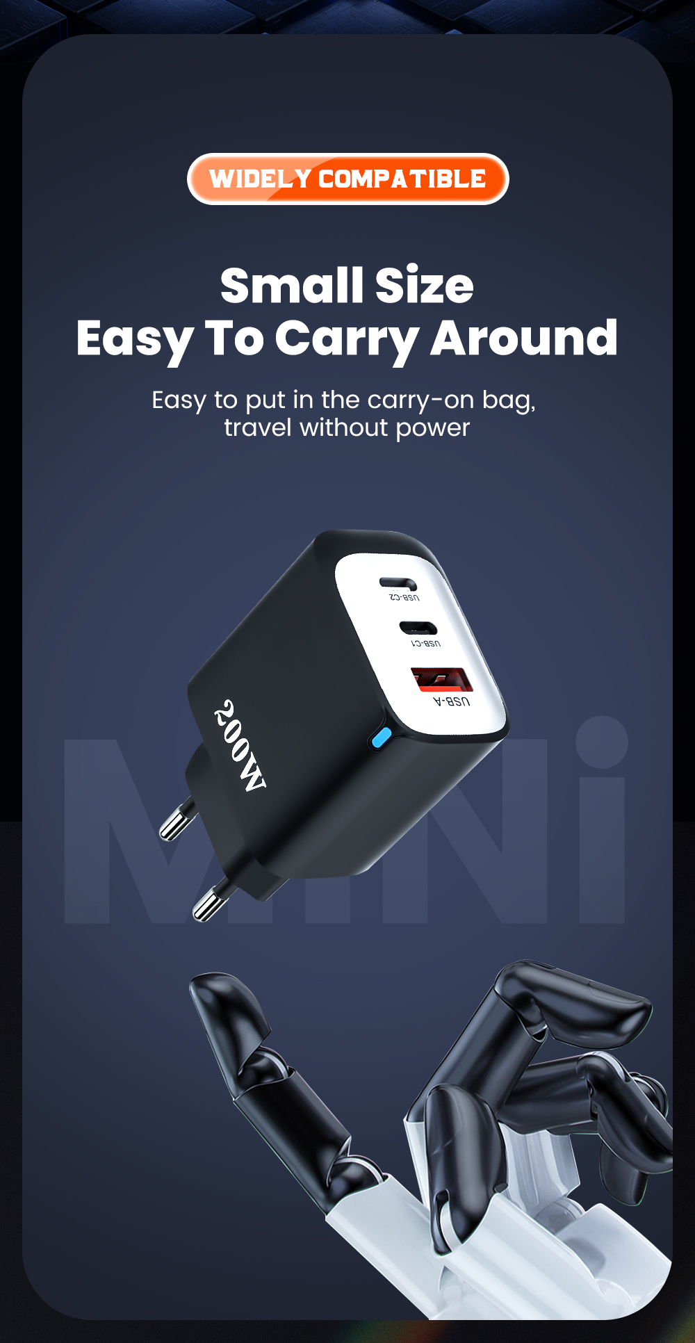 200W USB Type C Charger Quick Charge Portable Fast Charger 1U+2C Multi ...