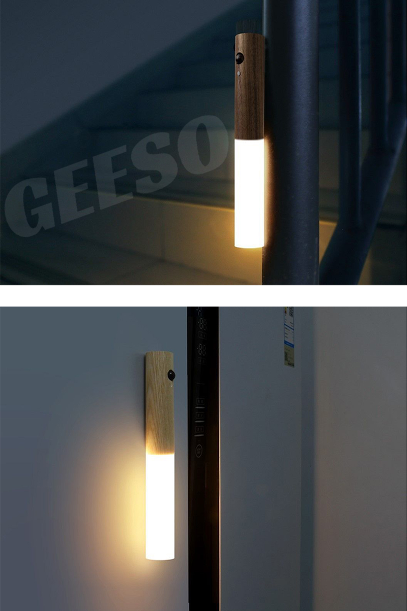 GEESO Motion Sensor Night Light Solid Wooden Rechargeable Magnet Indoor ...