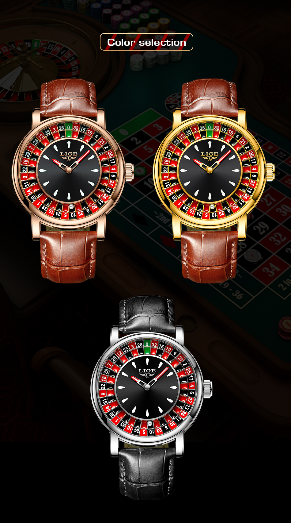 LIGE Fashion Watch Unisex Rotating Dial Roulette Business Waterproof ...