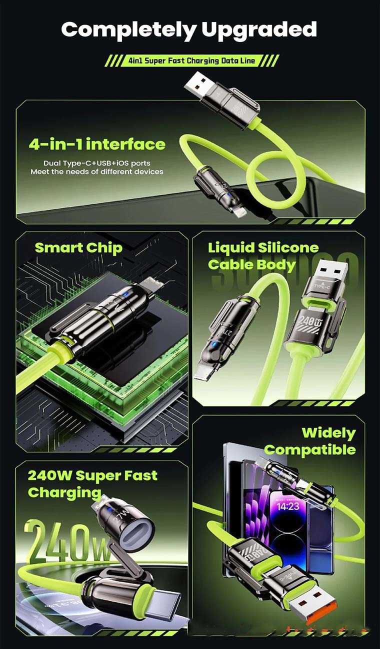 Multi Functional 4-in-1 USB/Type C to ios/Type C Phone Charging Cable ...