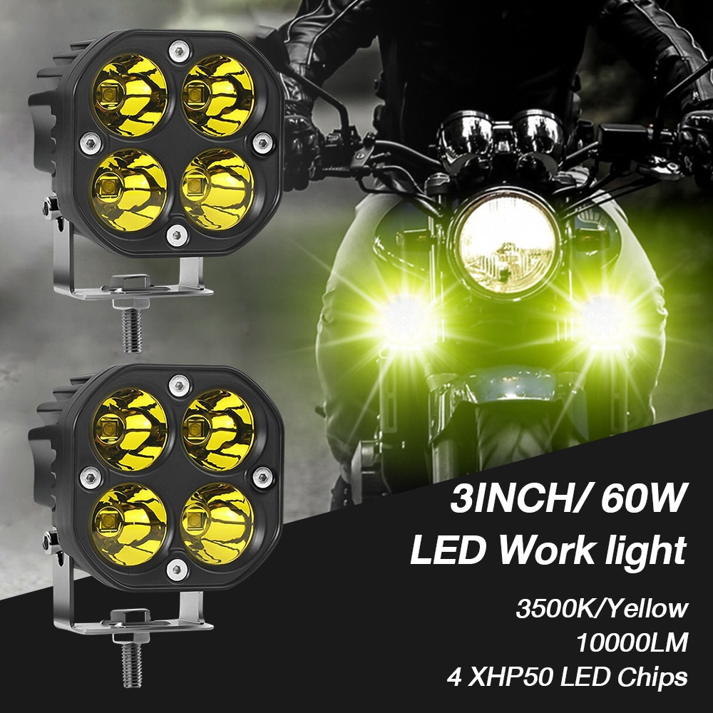 Motorcycle LED Work Light 2PCS 3 Inch 100W Square Yellow Mini ...