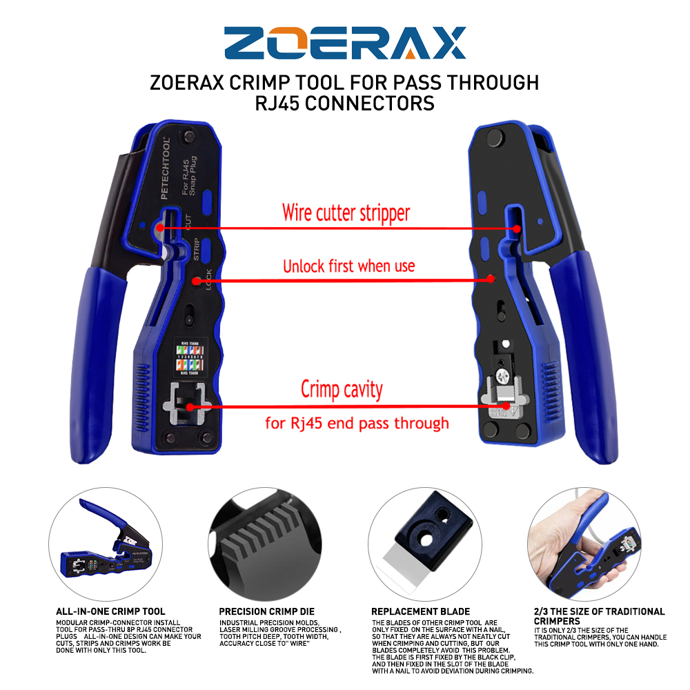ZoeRax RJ45 Crimp Tool Pass Through Crimper Cutter for Cat6a Cat6 Cat5 ...