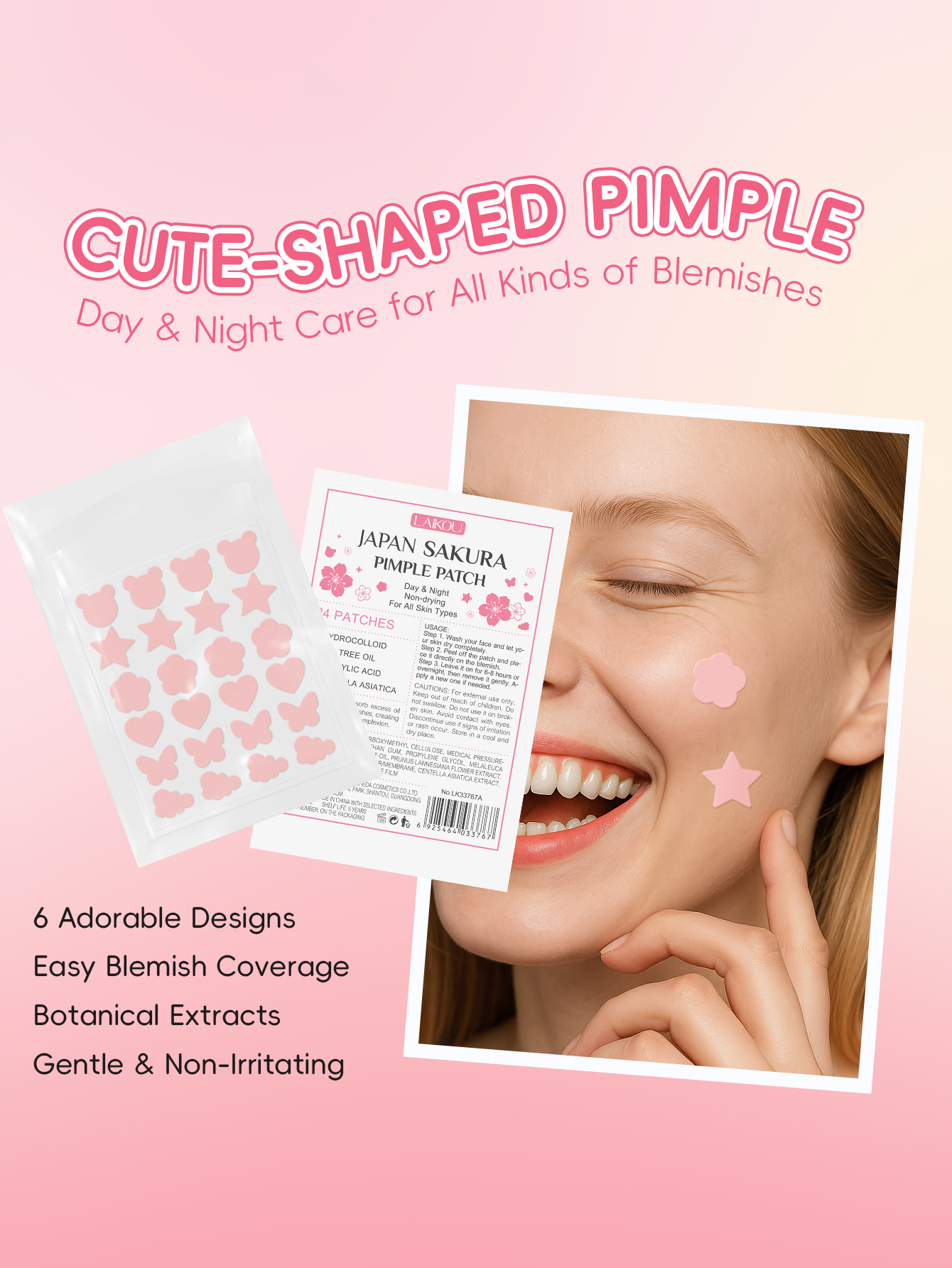LAIKOU JAPAN SAKURA PIMPLE PATCH 24 PATCHES For All Skin Types Absorb ...