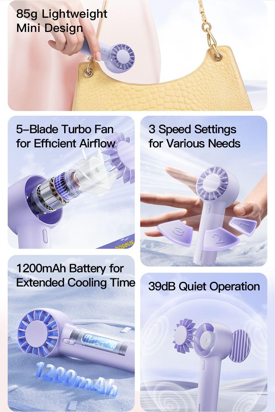 Baseus DT1 Mini Turbine Handheld Fan 3 Speed Adjustable Portable Fan ...
