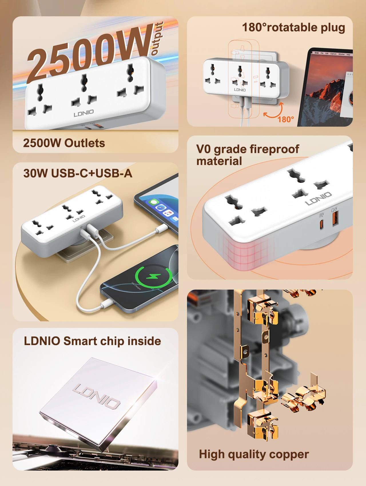 LDNIO 2500W Universal Outlet Extension Power Socket 180° Rotatable UK ...