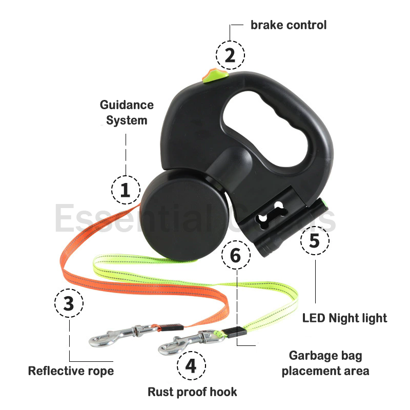 Double Dog Walking Leash, With Lights Reflective Dual Retractable ...