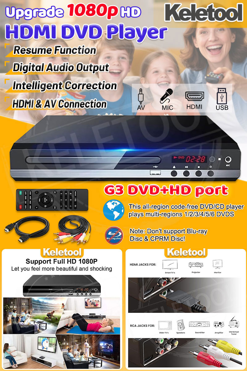 1080P HDMI DVD Player for TV, Portable Region Free Multi-Format CD VCD ...
