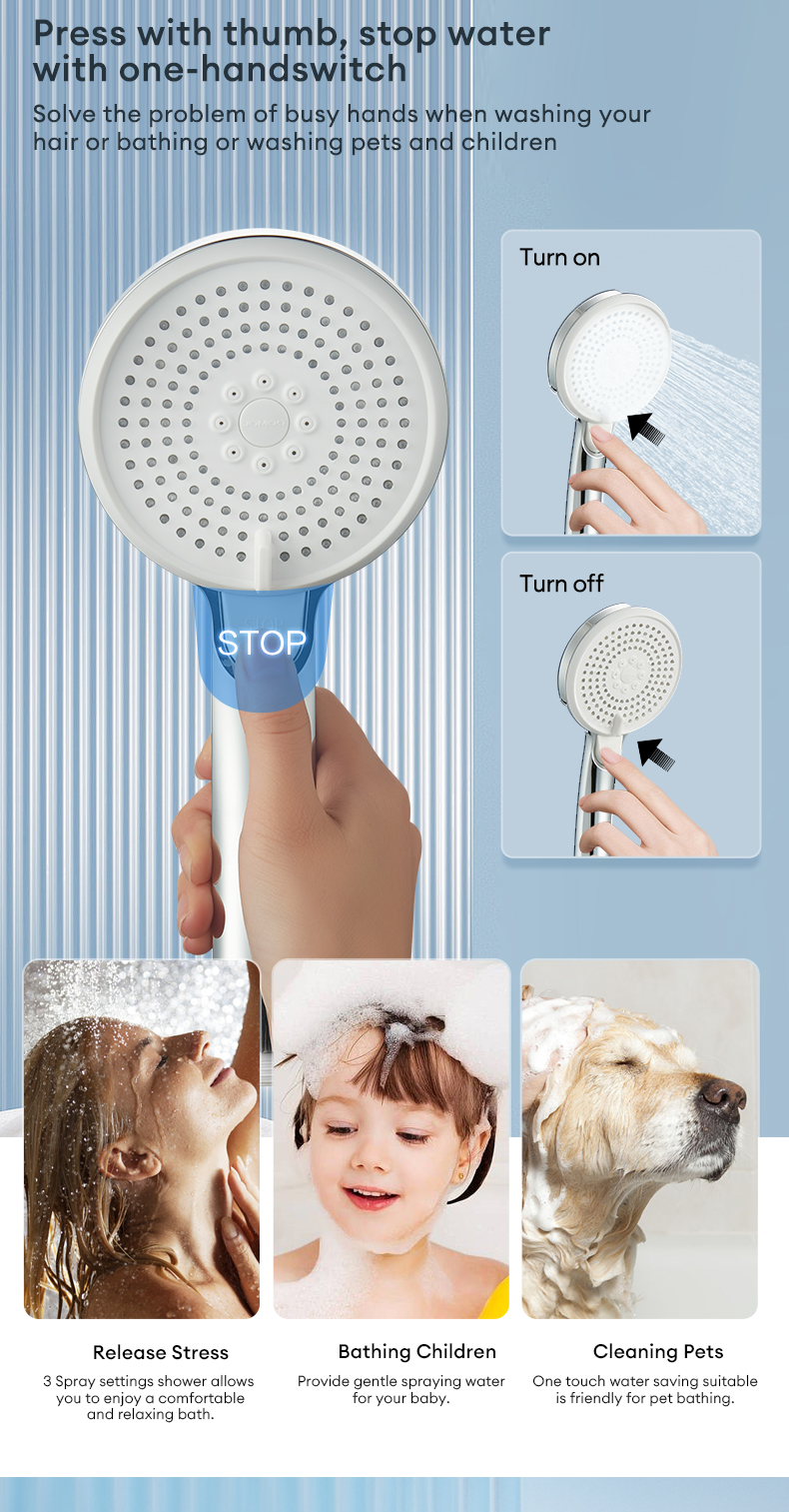 JOMOO 3 Modes High Pressure Shower Head One-Button Stop Water Handheld ...