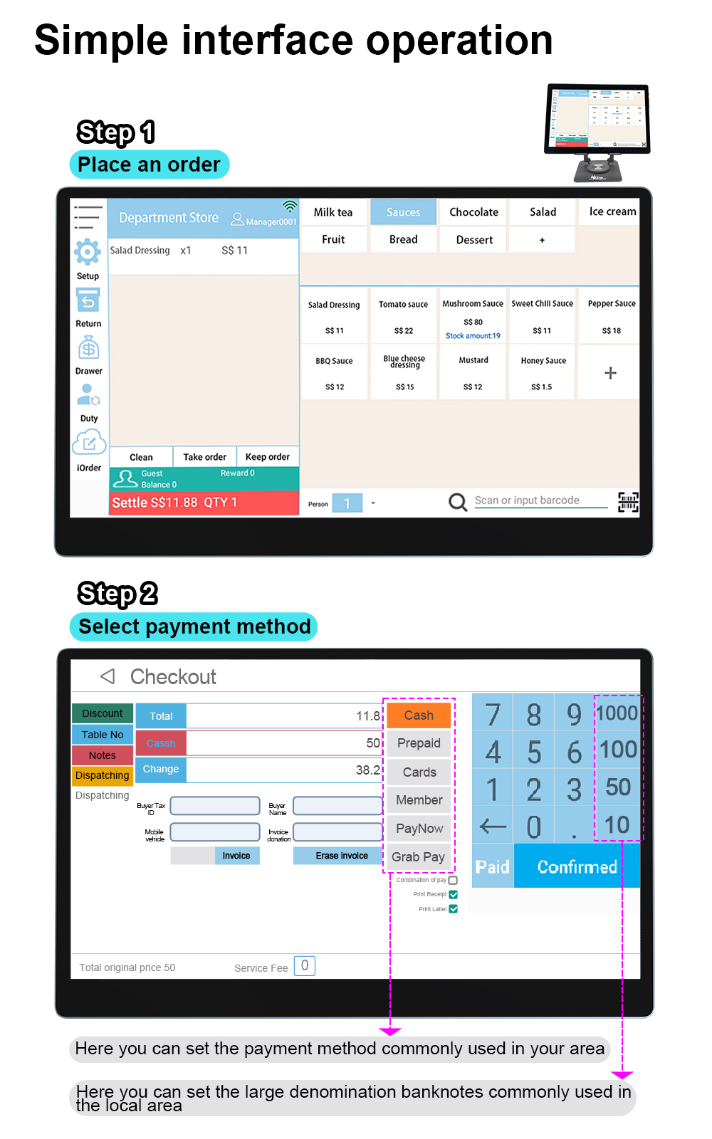 10.1'' Tablet lifetime POS Till Cash Register Receipt Printer rotation ...