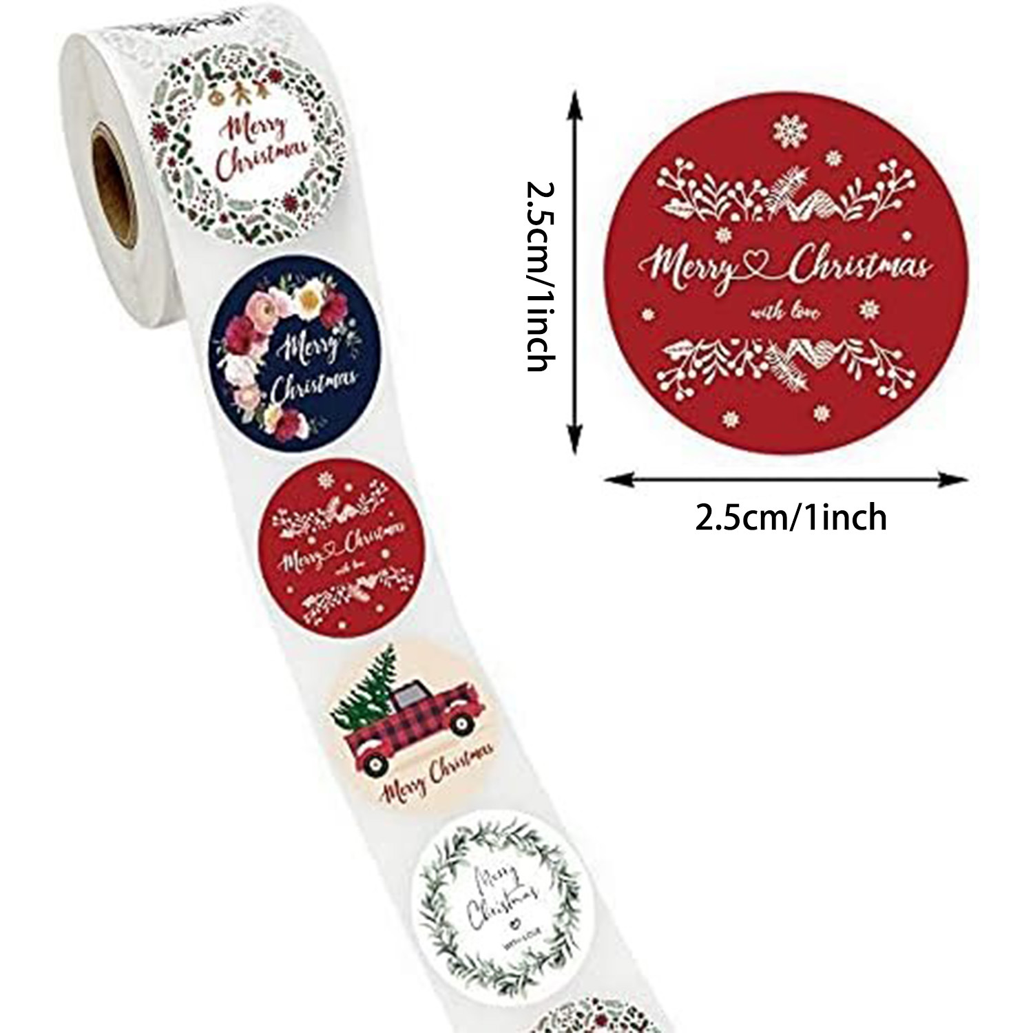 500pcs 1 inch Merry Christmas Stickers Roll, 5 Patterns Xmas Holiday ...