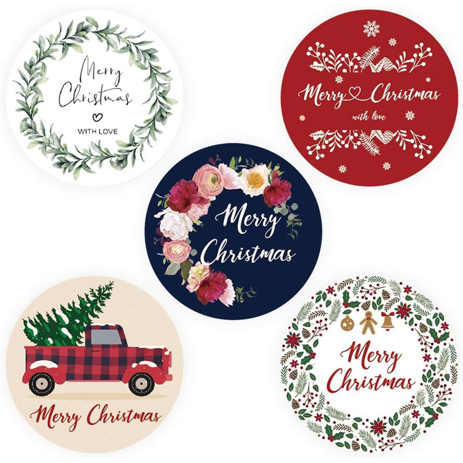 500pcs 1 inch Merry Christmas Stickers Roll, 5 Patterns Xmas Holiday ...