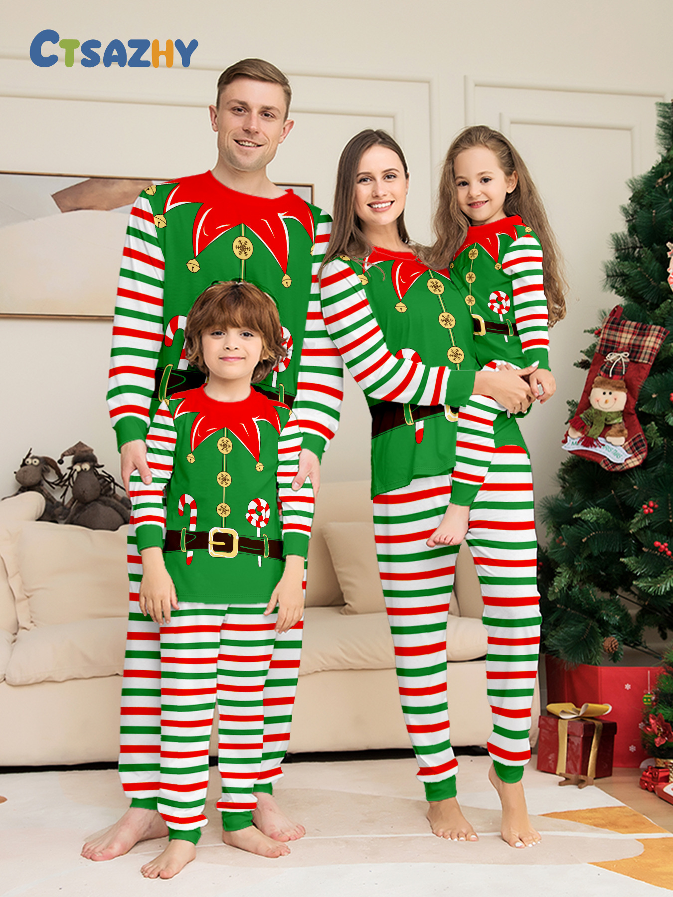 2025 Christmas Pajamas Set Green Striped Print Mother Father Kids ...