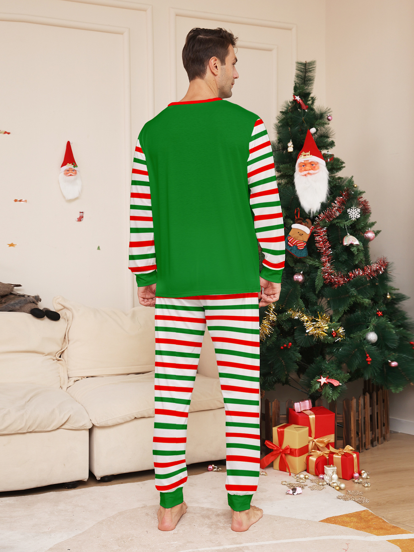 2025 Christmas Pajamas Set Green Striped Print Mother Father Kids ...
