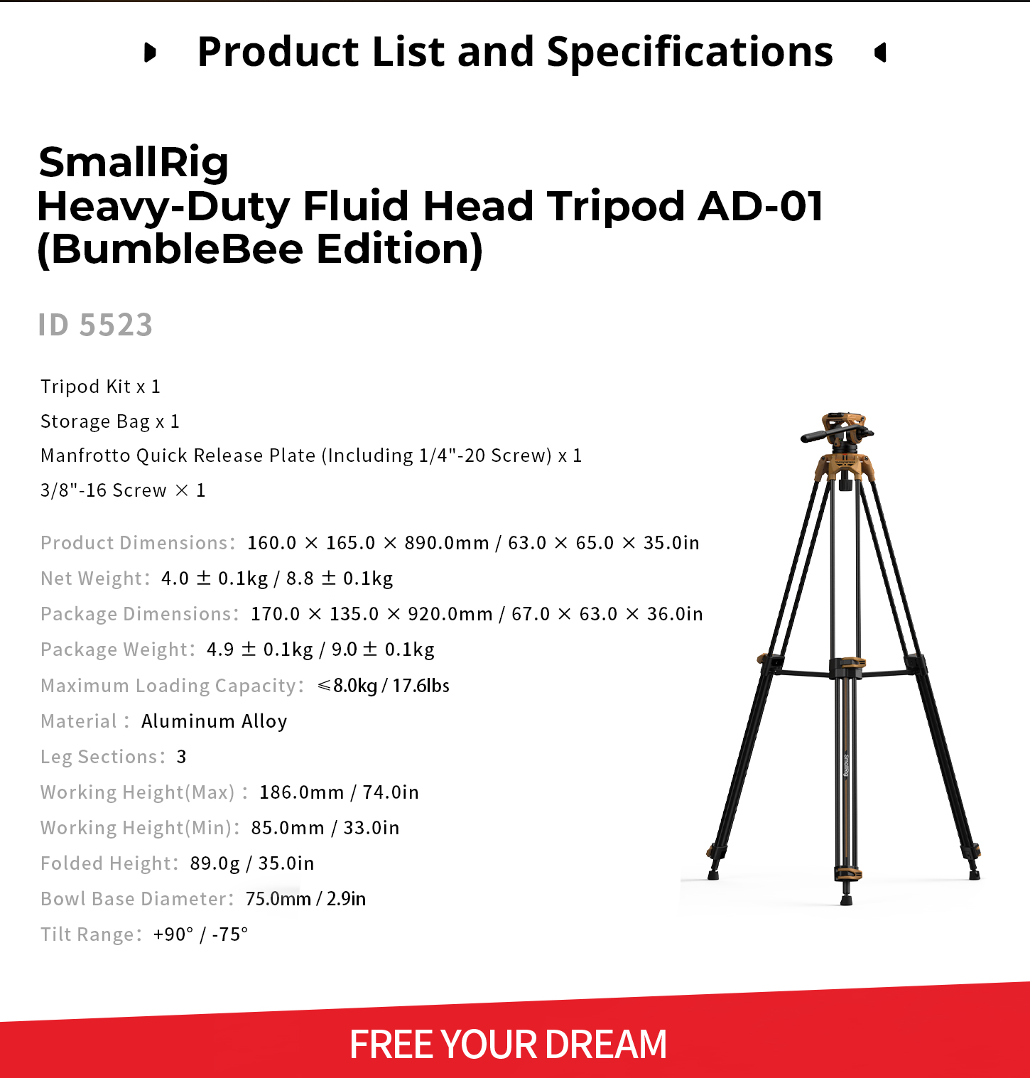 SmallRig Heavy-Duty Fluid Head Tripod AD-01（BumbleBee Edition）5523 ...